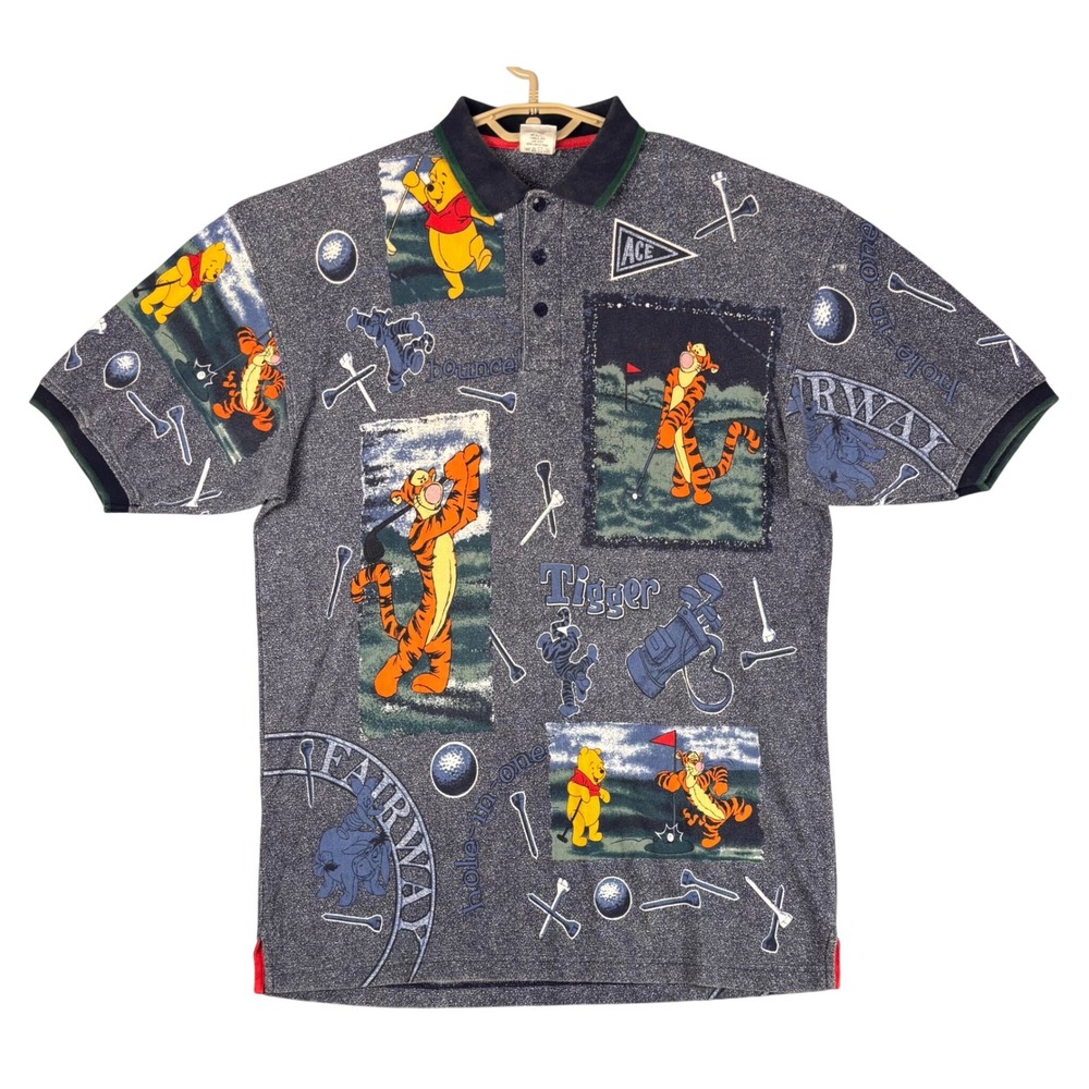 Vintage Disney Store Winnie the Pooh Tigger Golf Polo Shirt Mens Large Blue Grey